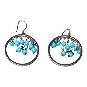 Vintage Signed Sterling Silver Turquoise Bead Hoop Earrings SU 925 Dangle READ